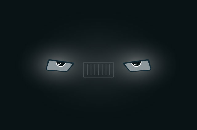 Car headlights appear out of a misty dark. But what's this? They have eyes!!