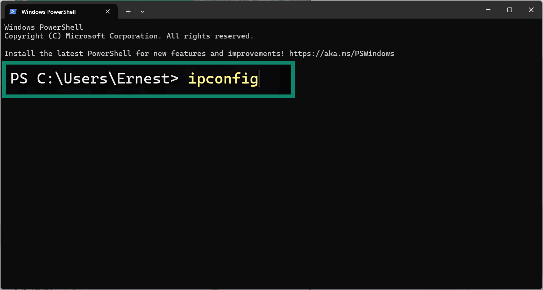 Windows Terminal screen with ipconfig entered.