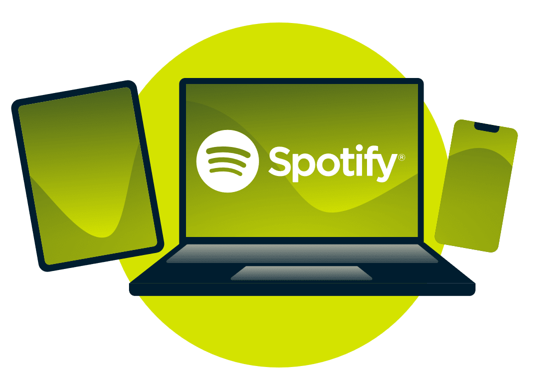 Spotify 로고가 새겨진 노트북, 태블릿 및 휴대폰.